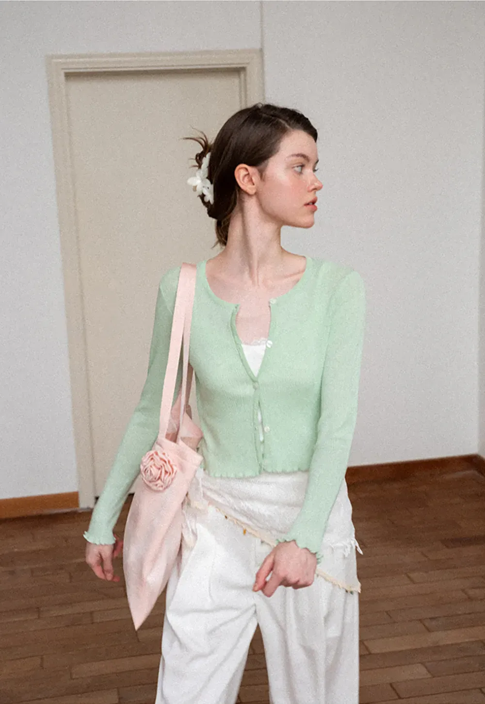 Asymmetrical Lace Trim Wide Leg Casual Pants and Accessory