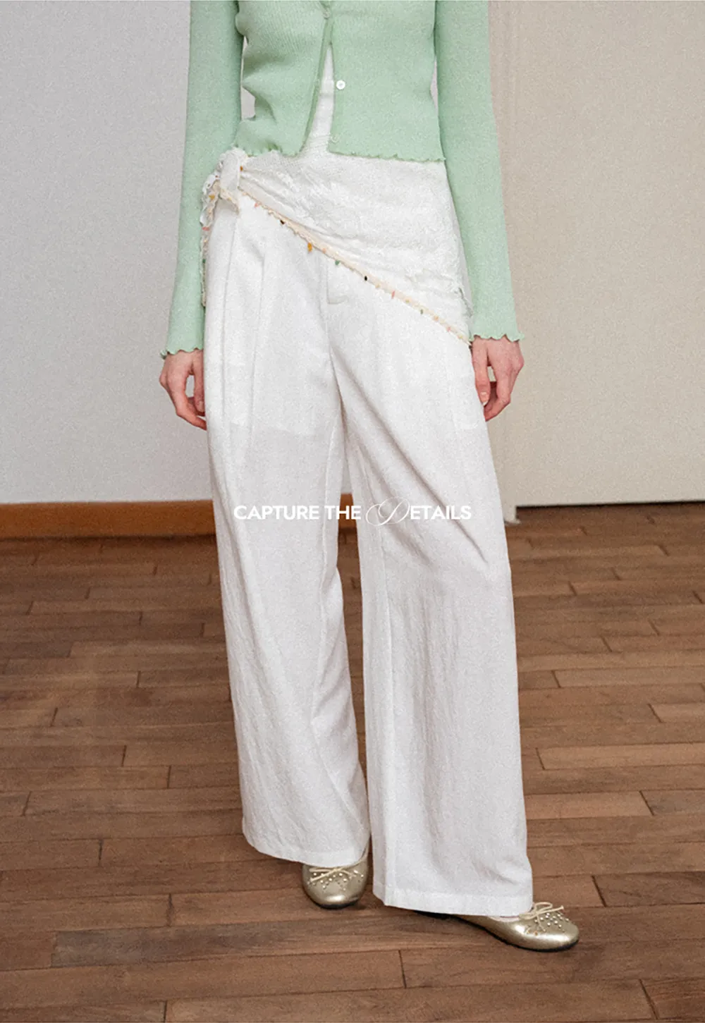 Asymmetrical Lace Trim Wide Leg Casual Pants and Accessory