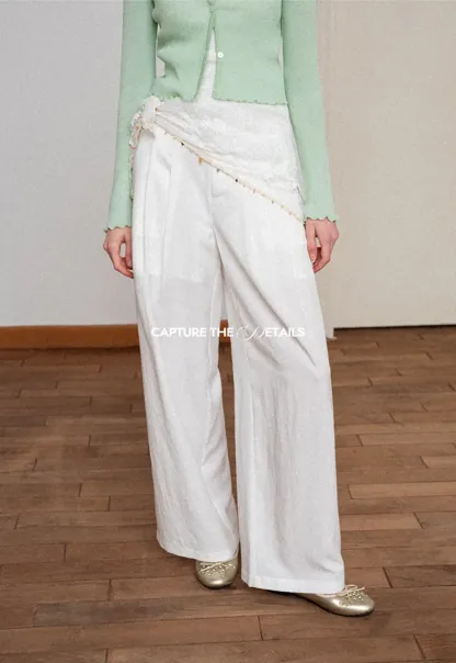 Asymmetrical Lace Trim Wide Leg Casual Pants and Accessory