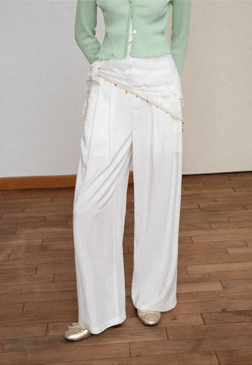 Asymmetrical Lace Trim Wide Leg Casual Pants and Accessory