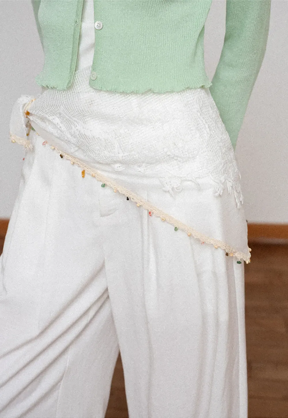 Asymmetrical Lace Trim Wide Leg Casual Pants and Accessory
