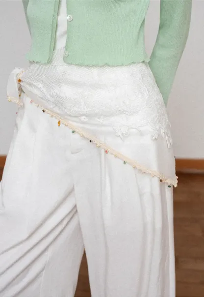 Asymmetrical Lace Trim Wide Leg Casual Pants and Accessory