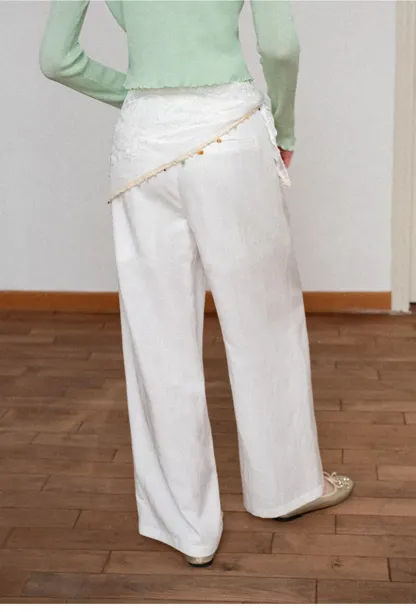 Asymmetrical Lace Trim Wide Leg Casual Pants and Accessory
