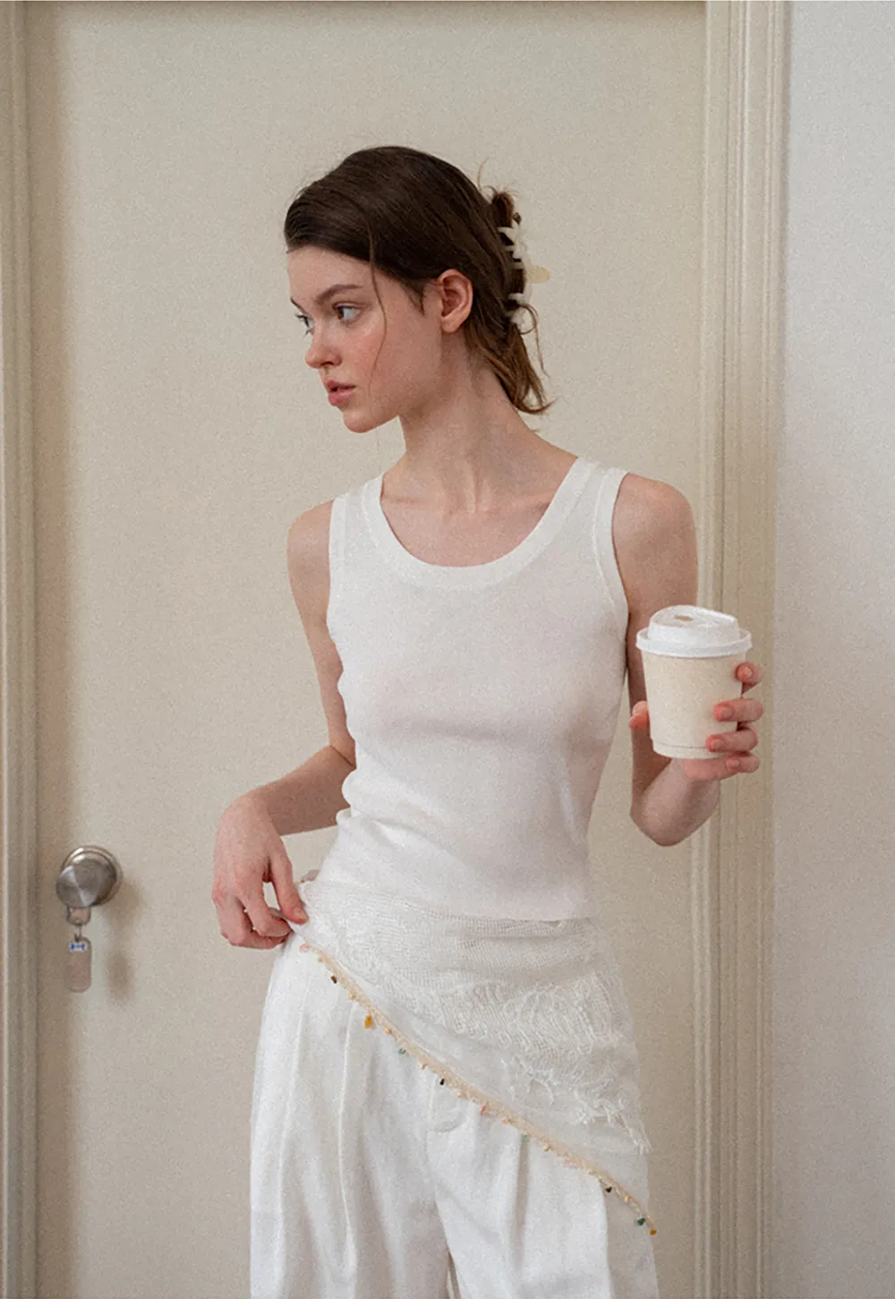 Asymmetrical Lace Trim Wide Leg Casual Pants and Accessory