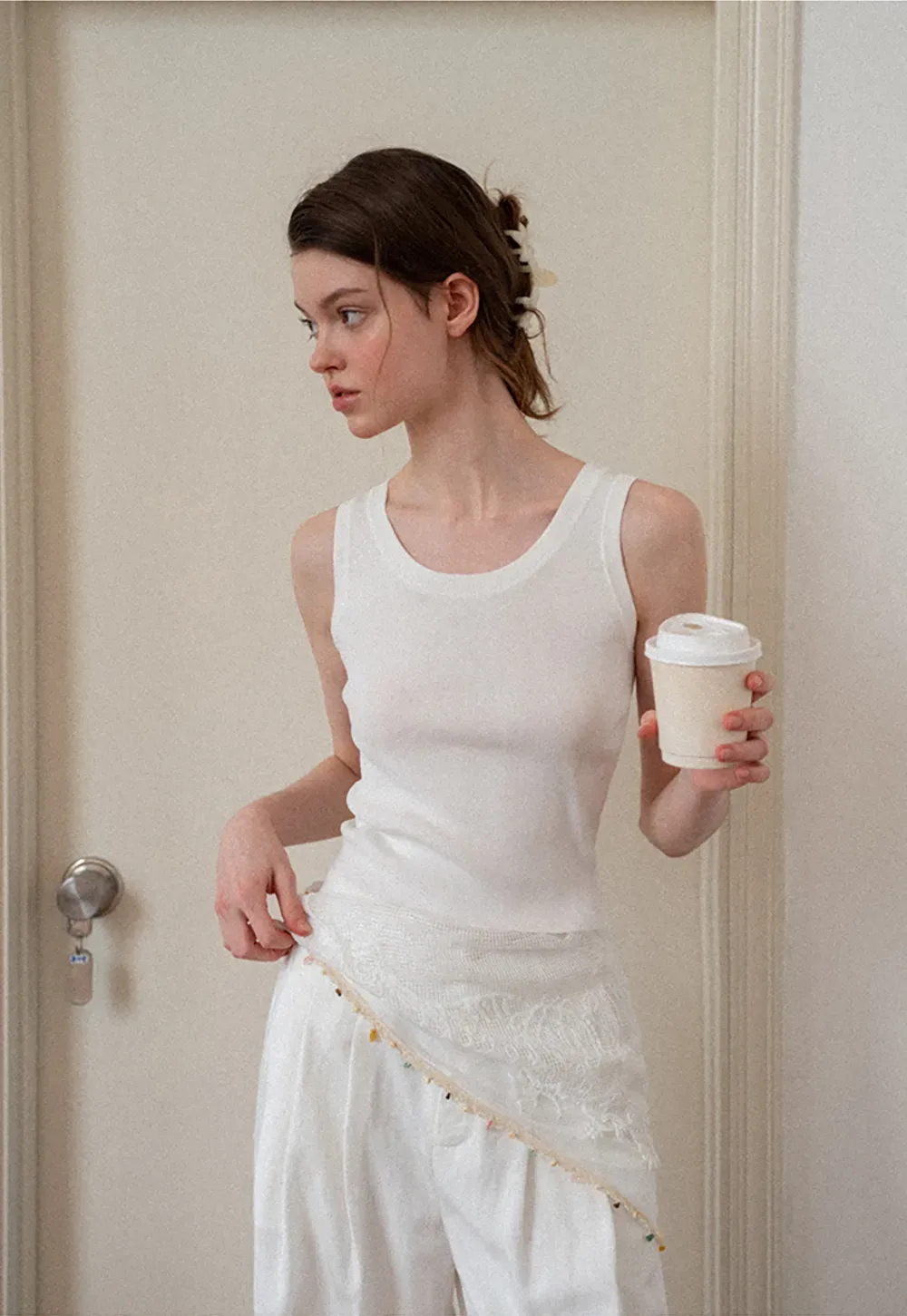 Asymmetrical Lace Trim Wide Leg Casual Pants and Accessory