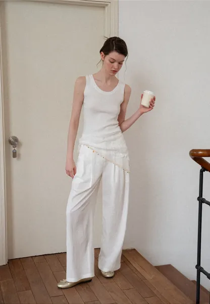 Asymmetrical Lace Trim Wide Leg Casual Pants and Accessory