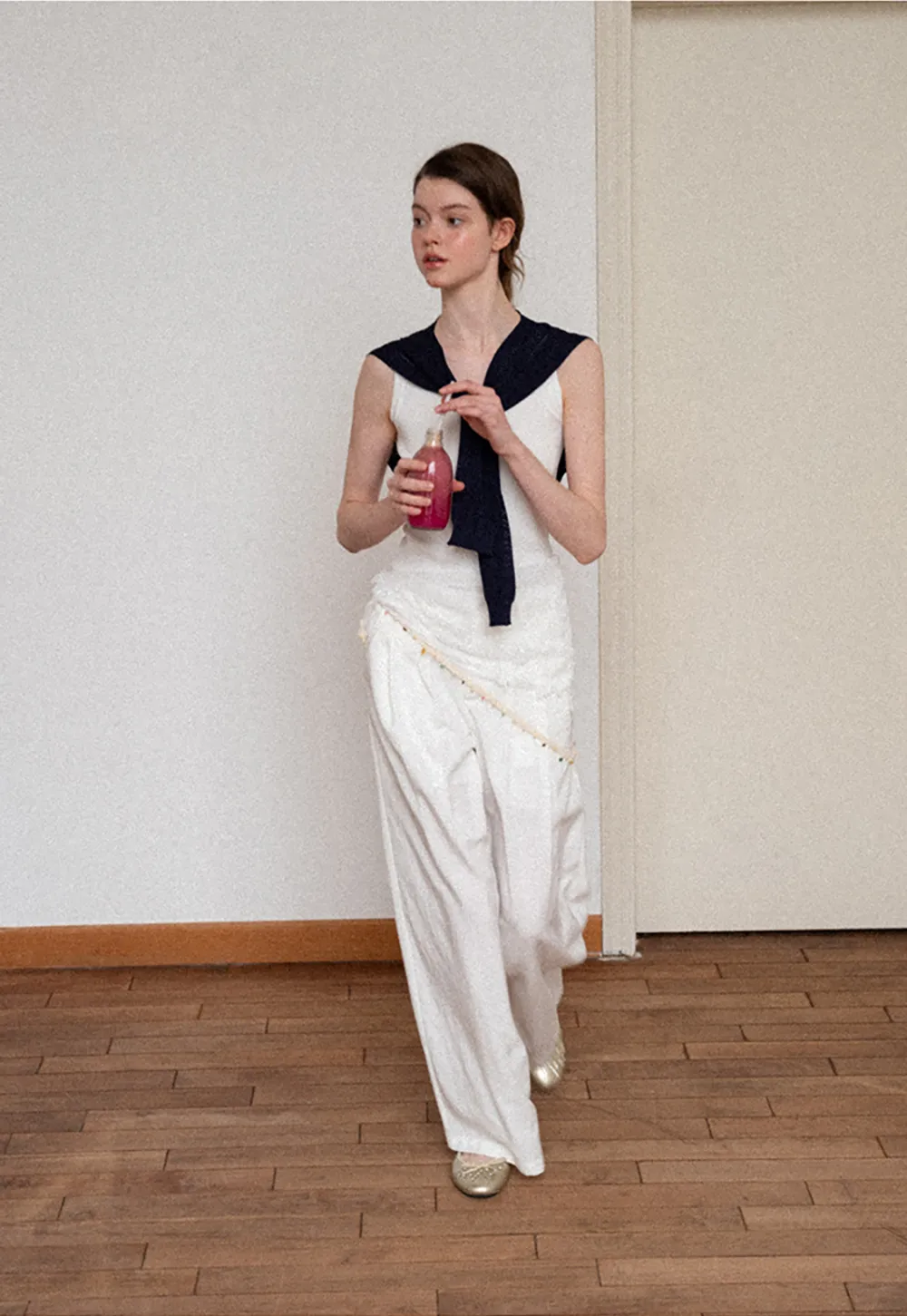 Asymmetrical Lace Trim Wide Leg Casual Pants and Accessory