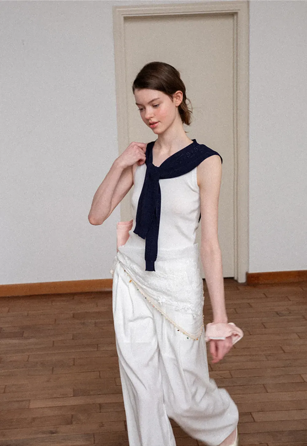 Asymmetrical Lace Trim Wide Leg Casual Pants and Accessory