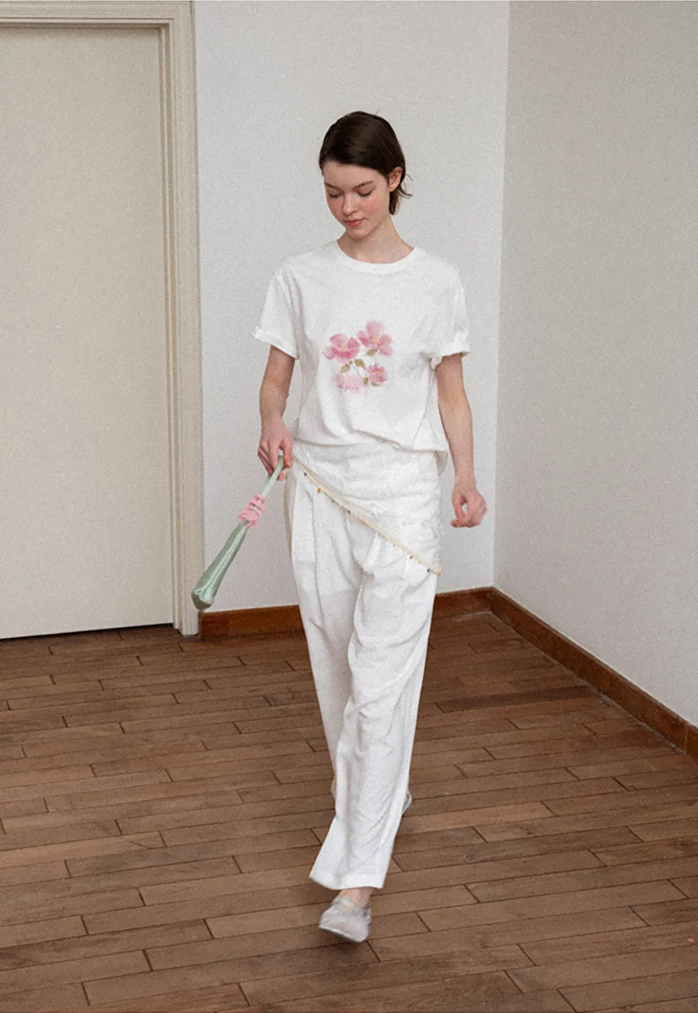 Asymmetrical Lace Trim Wide Leg Casual Pants and Accessory