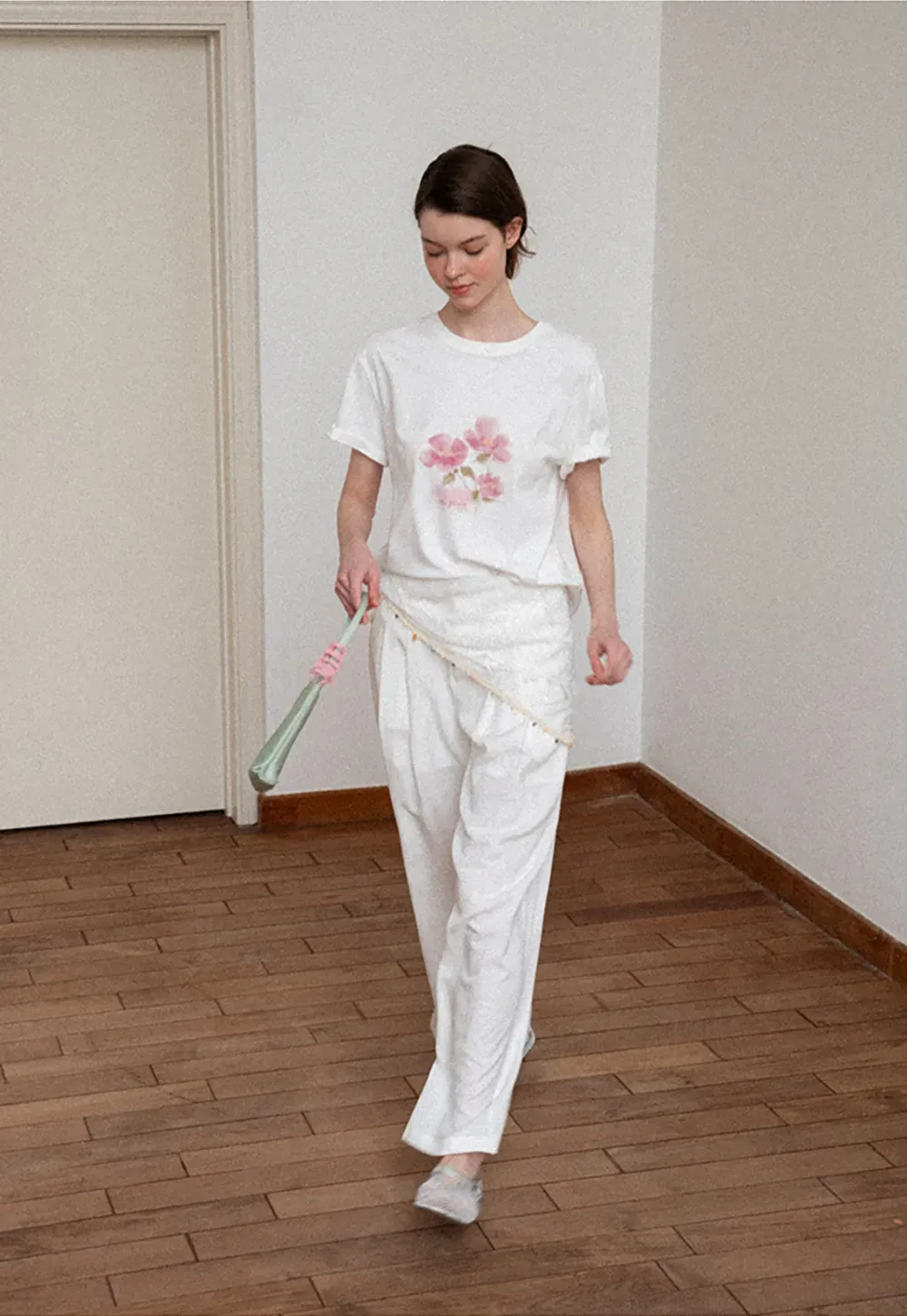 Asymmetrical Lace Trim Wide Leg Casual Pants and Accessory