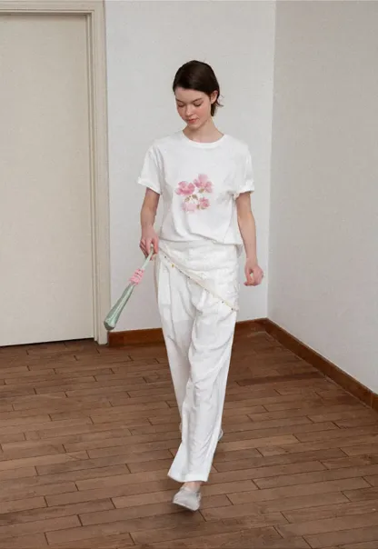 Asymmetrical Lace Trim Wide Leg Casual Pants and Accessory