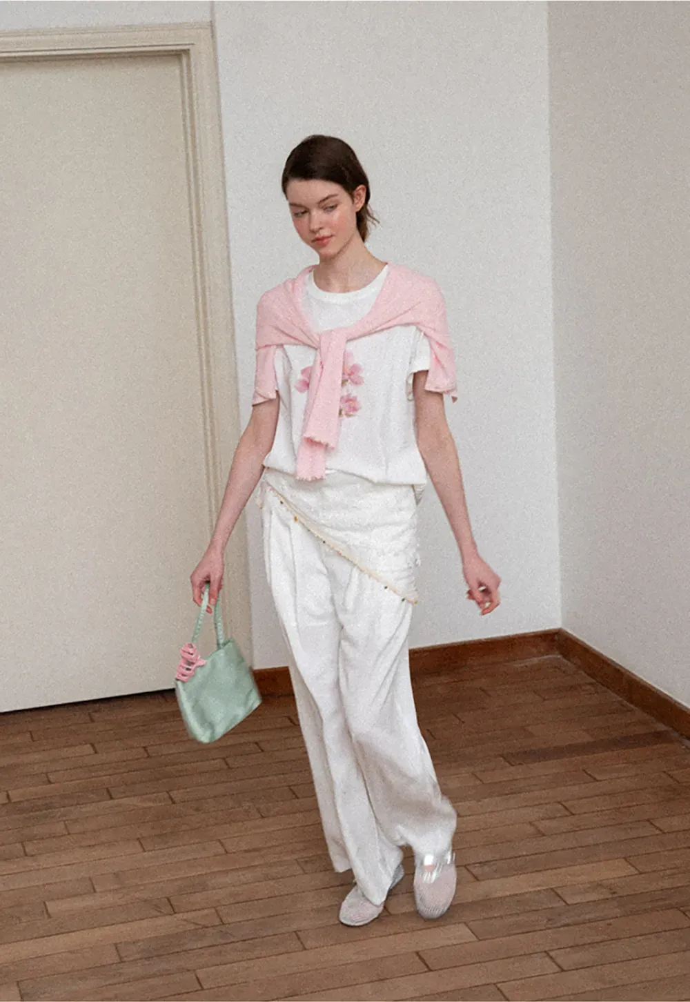 Asymmetrical Lace Trim Wide Leg Casual Pants and Accessory