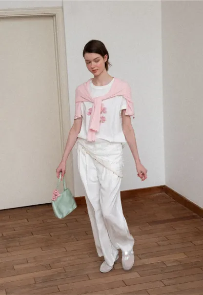 Asymmetrical Lace Trim Wide Leg Casual Pants and Accessory