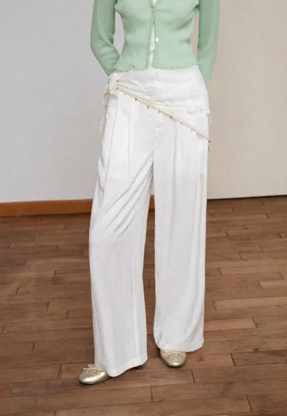 Asymmetrical Lace Trim Wide Leg Casual Pants and Accessory