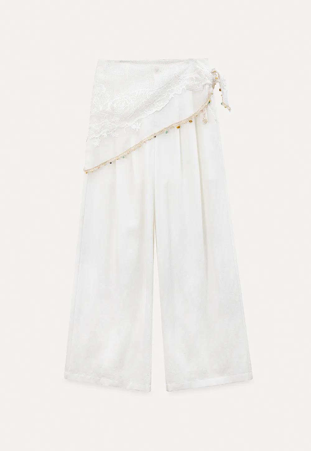 Asymmetrical Lace Trim Wide Leg Casual Pants and Accessory
