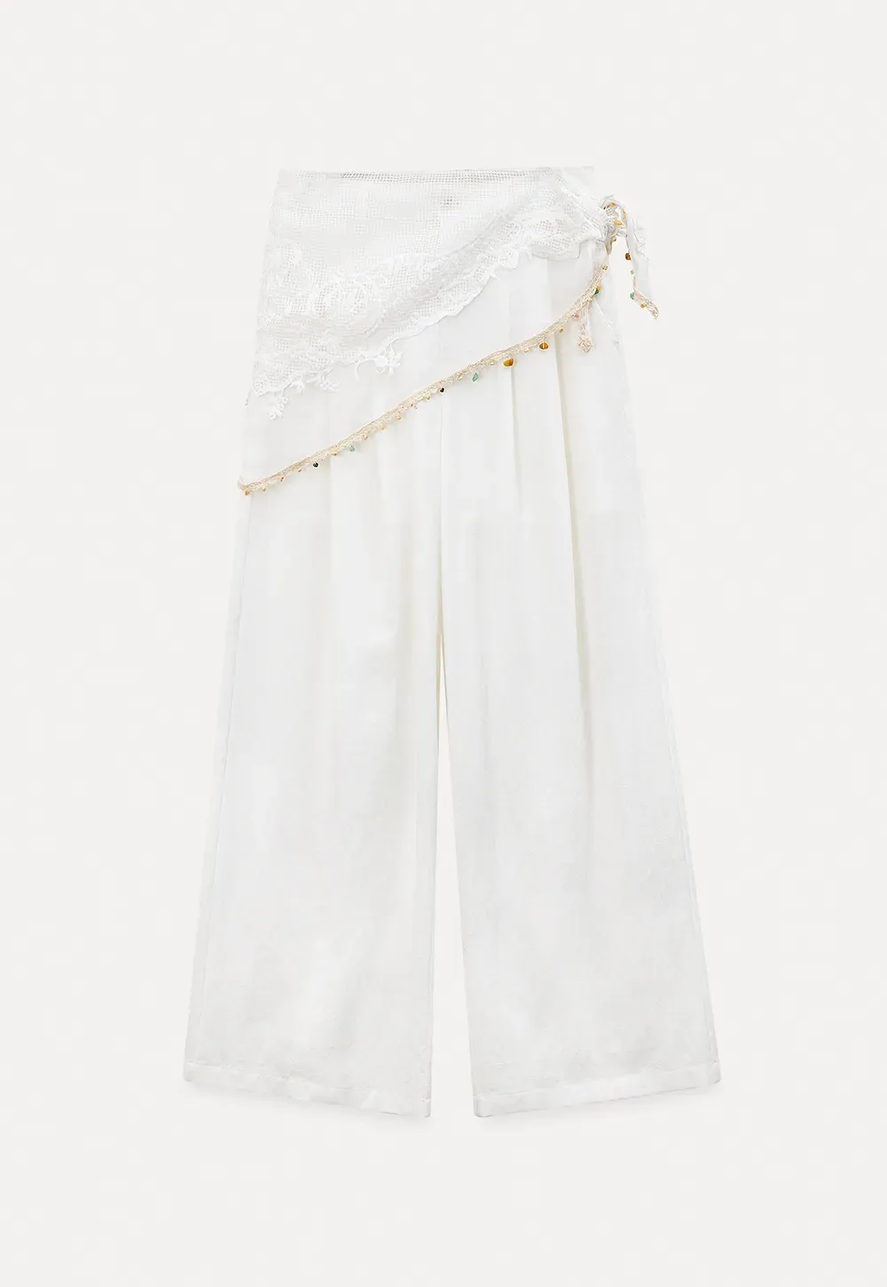 Asymmetrical Lace Trim Wide Leg Casual Pants and Accessory