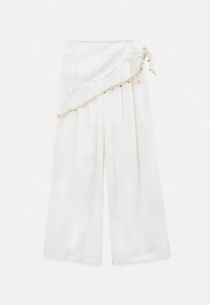 Asymmetrical Lace Trim Wide Leg Casual Pants and Accessory