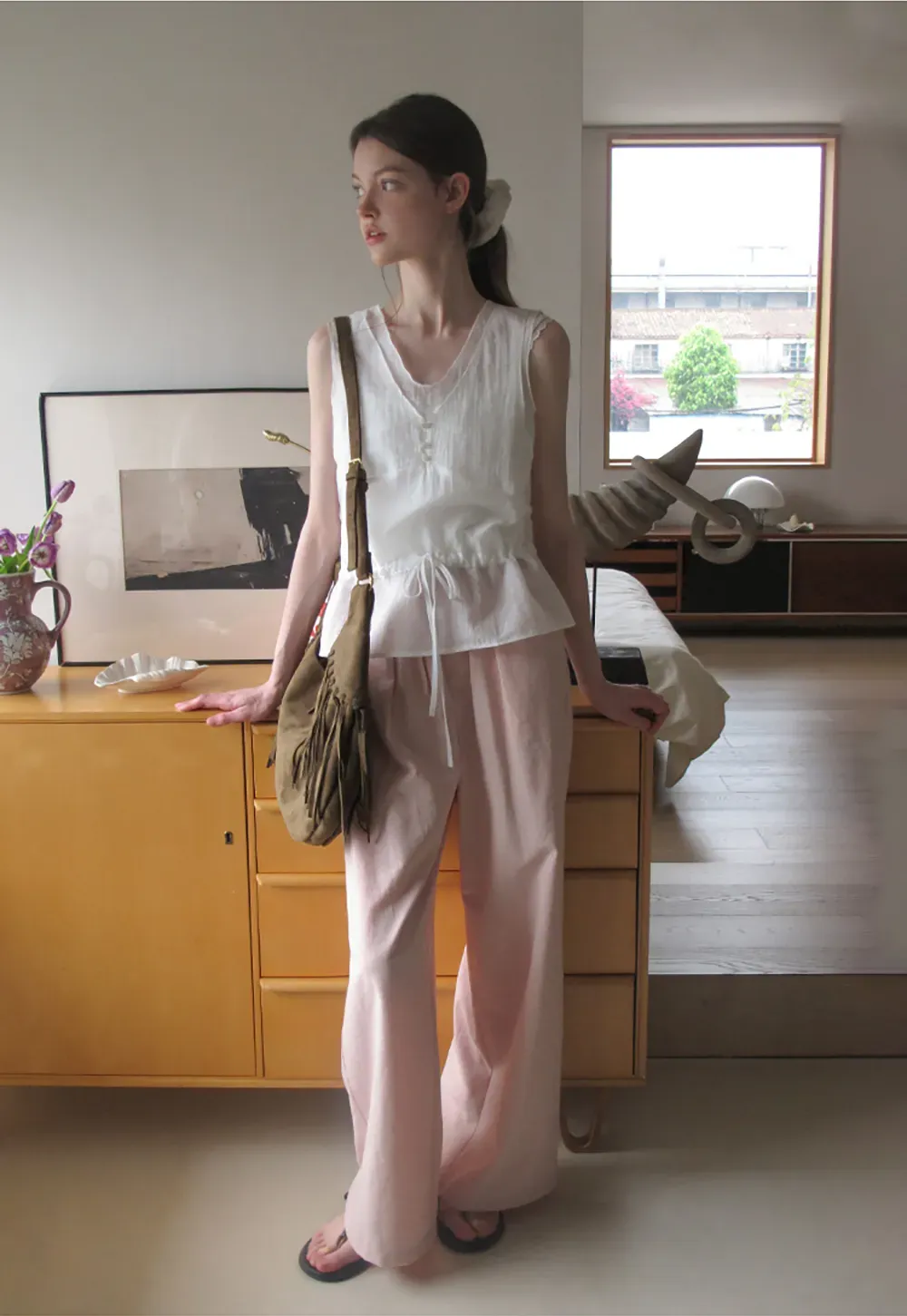 Drawstring Waist Wide Leg Casual Pants
