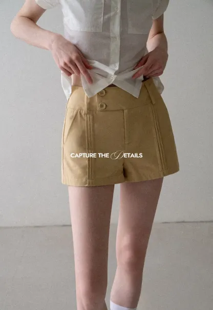 High Waist Pleated Shorts with Button Detailing