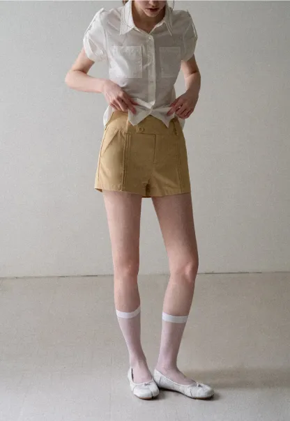 High Waist Pleated Shorts with Button Detailing