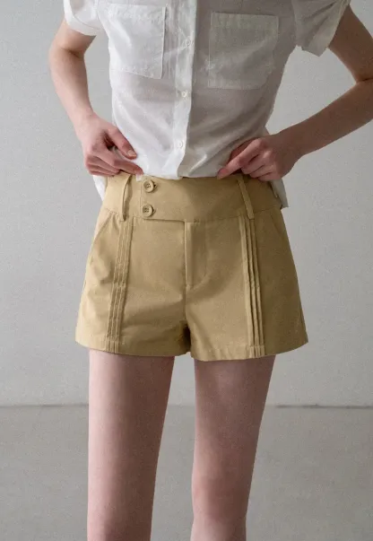 High Waist Pleated Shorts with Button Detailing