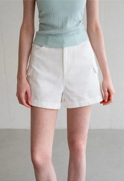 High Waist Cargo Shorts With Cuffed Hem