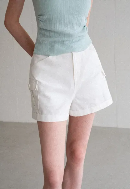 High Waist Cargo Shorts With Cuffed Hem