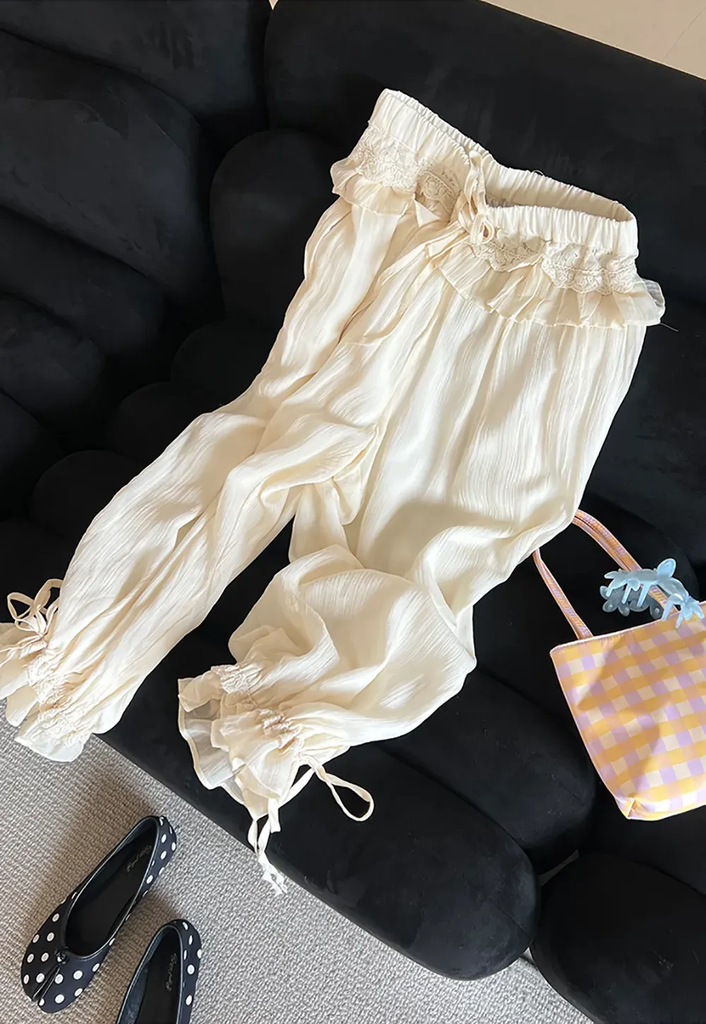 Loose Fit Drawstring Pants with Ruffled Cuffs