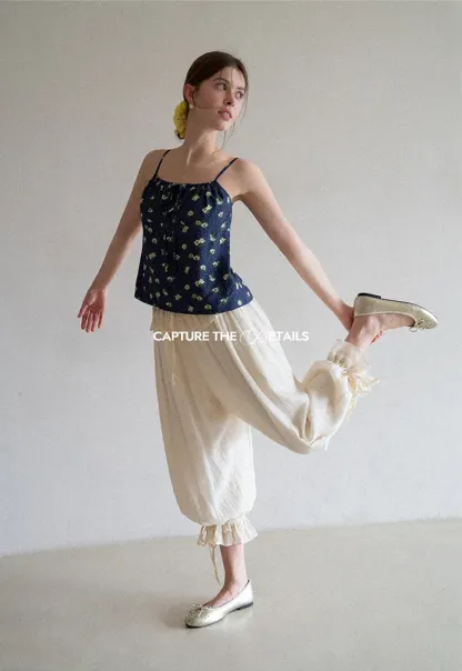 Loose Fit Drawstring Pants with Ruffled Cuffs