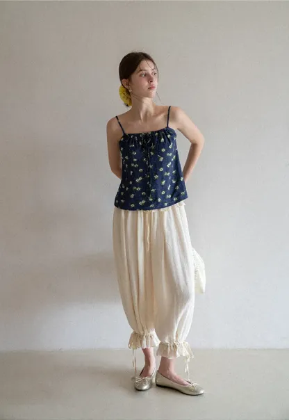 Loose Fit Drawstring Pants with Ruffled Cuffs