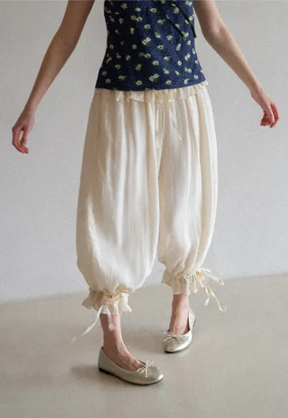 Loose Fit Drawstring Pants with Ruffled Cuffs
