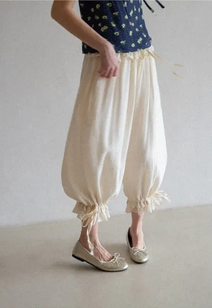 Loose Fit Drawstring Pants with Ruffled Cuffs