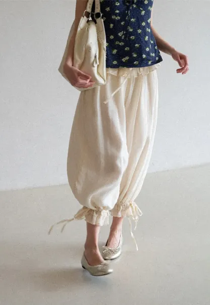 Loose Fit Drawstring Pants with Ruffled Cuffs