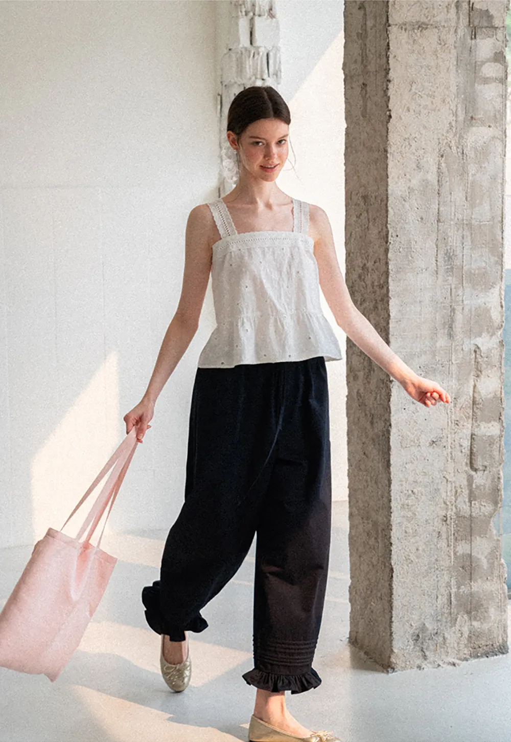 Ruffled Hem Wide Leg Casual Pants