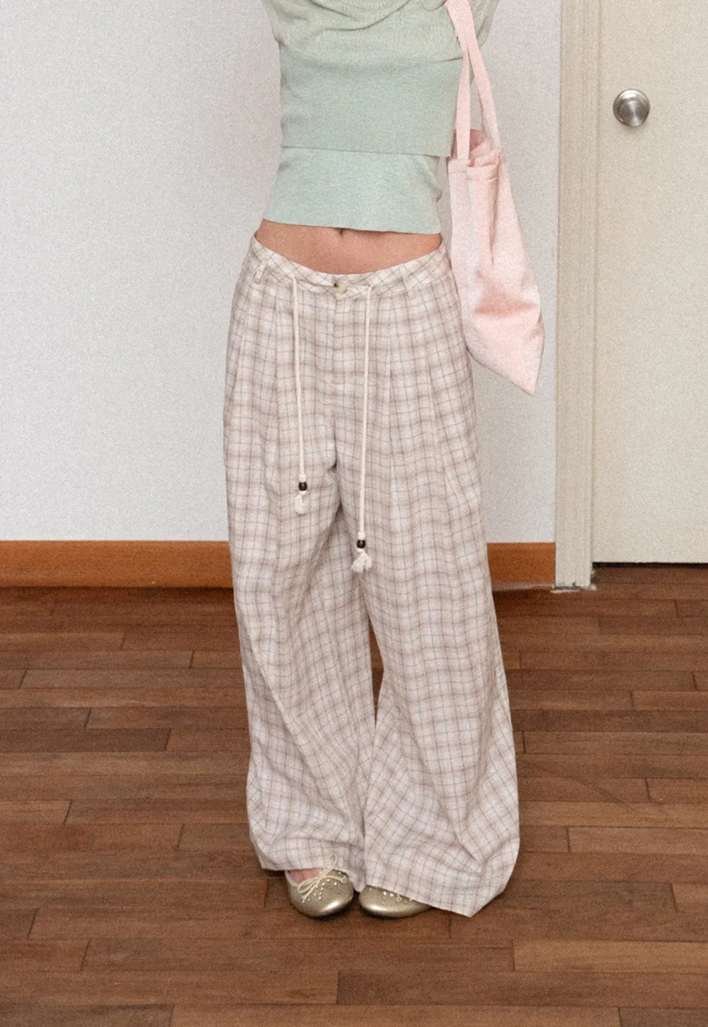 Drawstring Waist Wide Leg Checkered Casual Pants