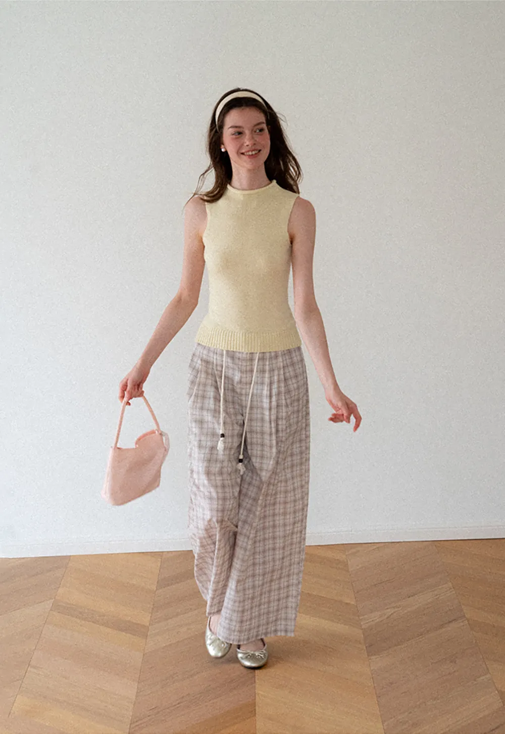 Drawstring Waist Wide Leg Checkered Casual Pants