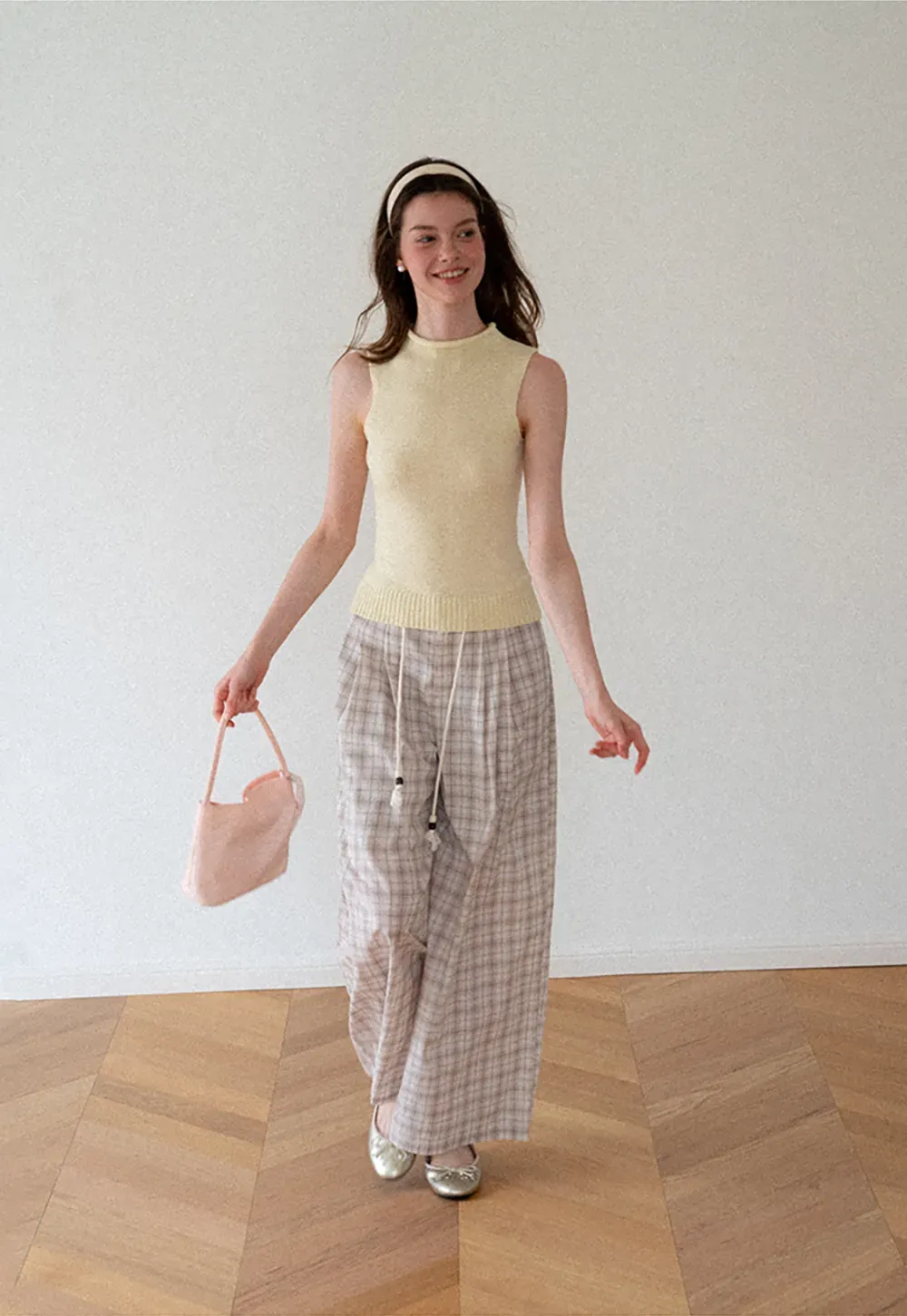 Drawstring Waist Wide Leg Checkered Casual Pants