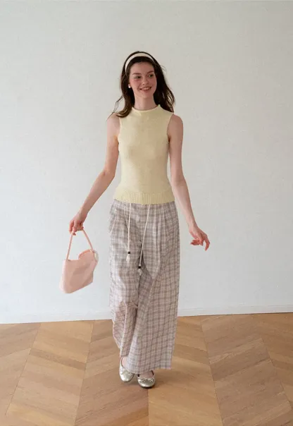 Drawstring Waist Wide Leg Checkered Casual Pants