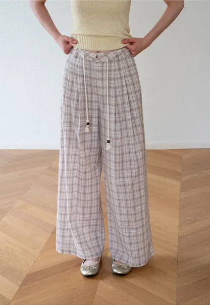Drawstring Waist Wide Leg Checkered Casual Pants