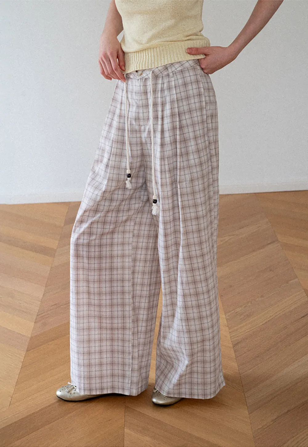 Drawstring Waist Wide Leg Checkered Casual Pants