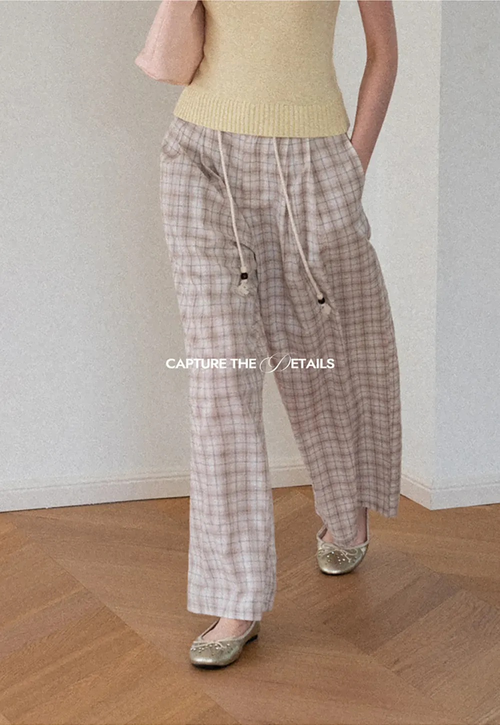 Drawstring Waist Wide Leg Checkered Casual Pants