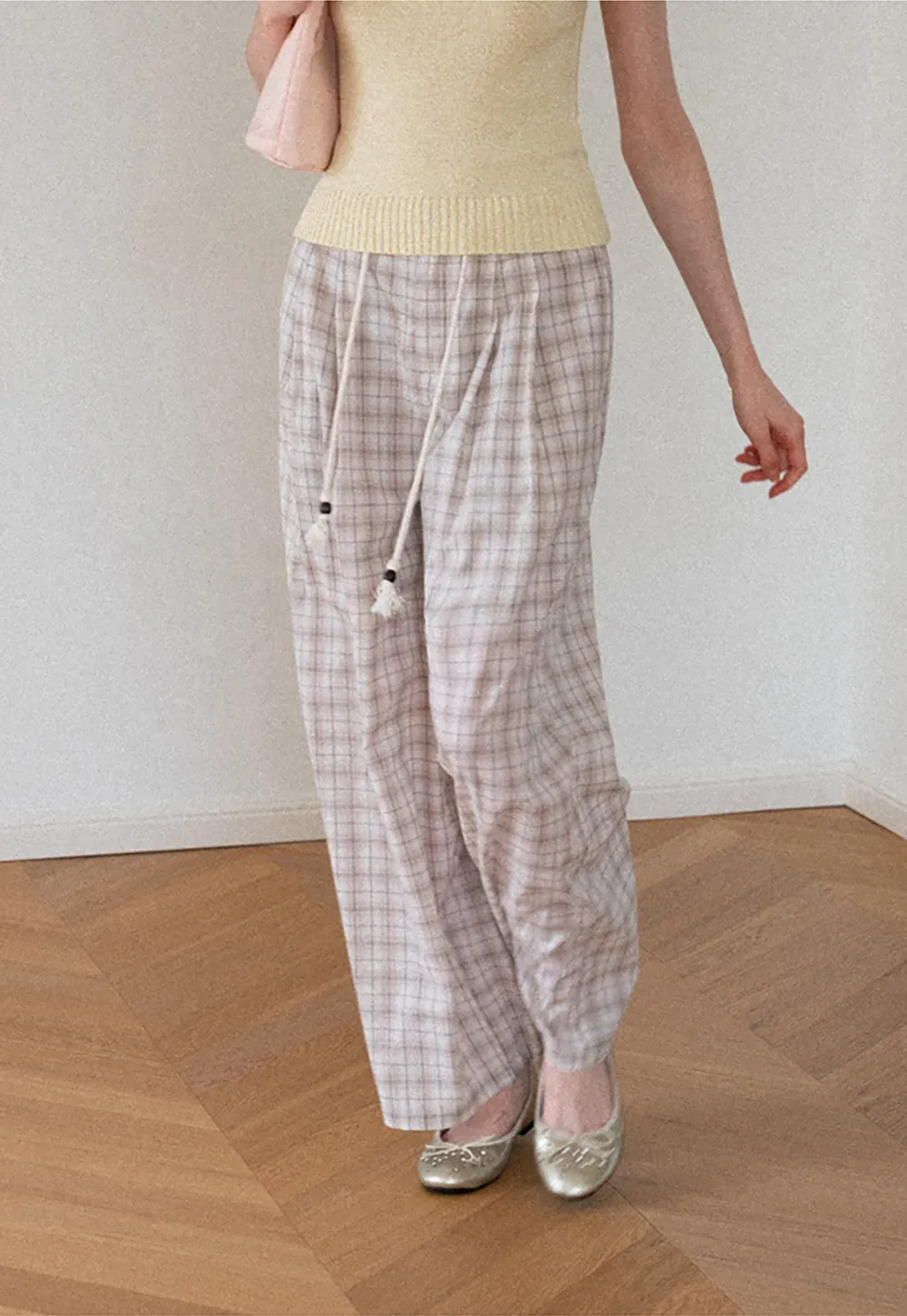 Drawstring Waist Wide Leg Checkered Casual Pants