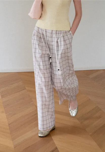 Drawstring Waist Wide Leg Checkered Casual Pants