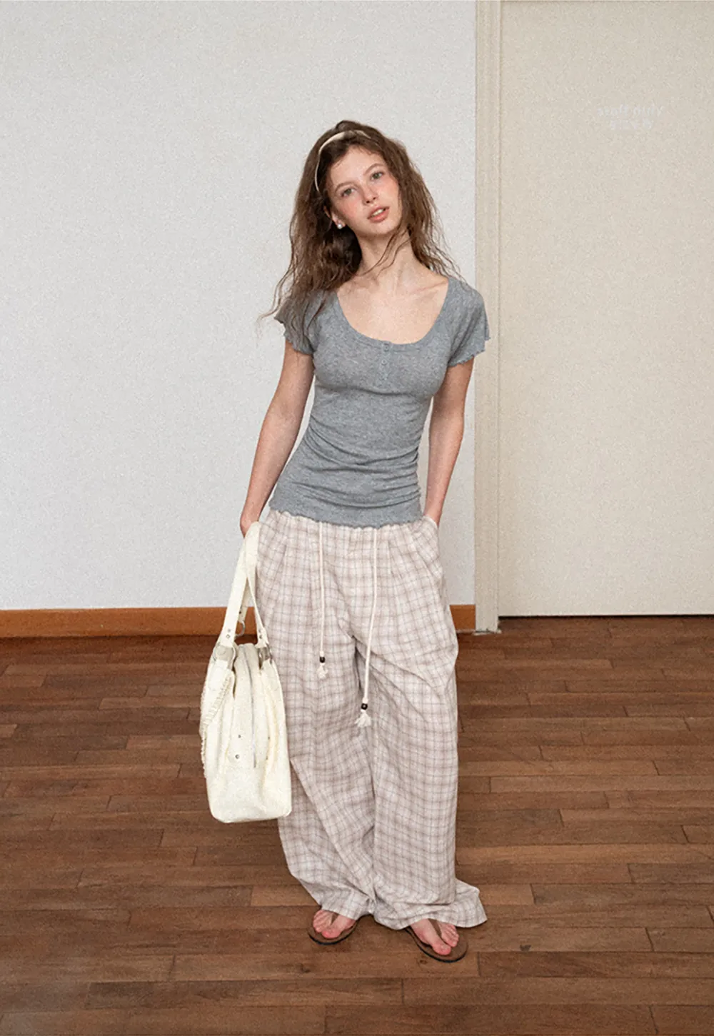 Drawstring Waist Wide Leg Checkered Casual Pants