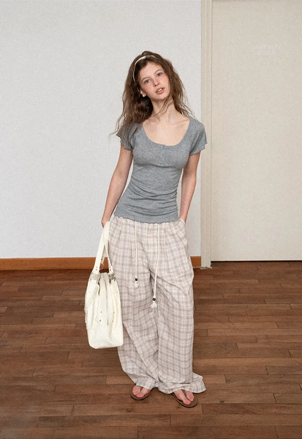 Drawstring Waist Wide Leg Checkered Casual Pants