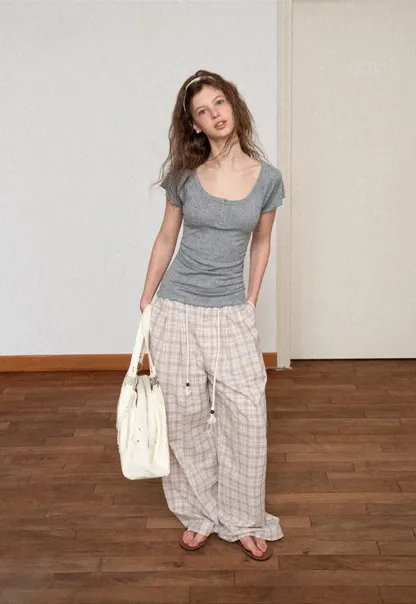 Drawstring Waist Wide Leg Checkered Casual Pants