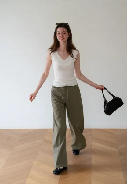 High Waist Drawstring Wide Leg Casual Pants