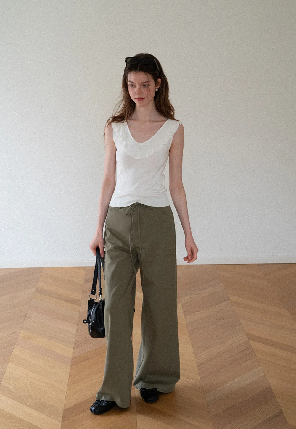 High Waist Drawstring Wide Leg Casual Pants