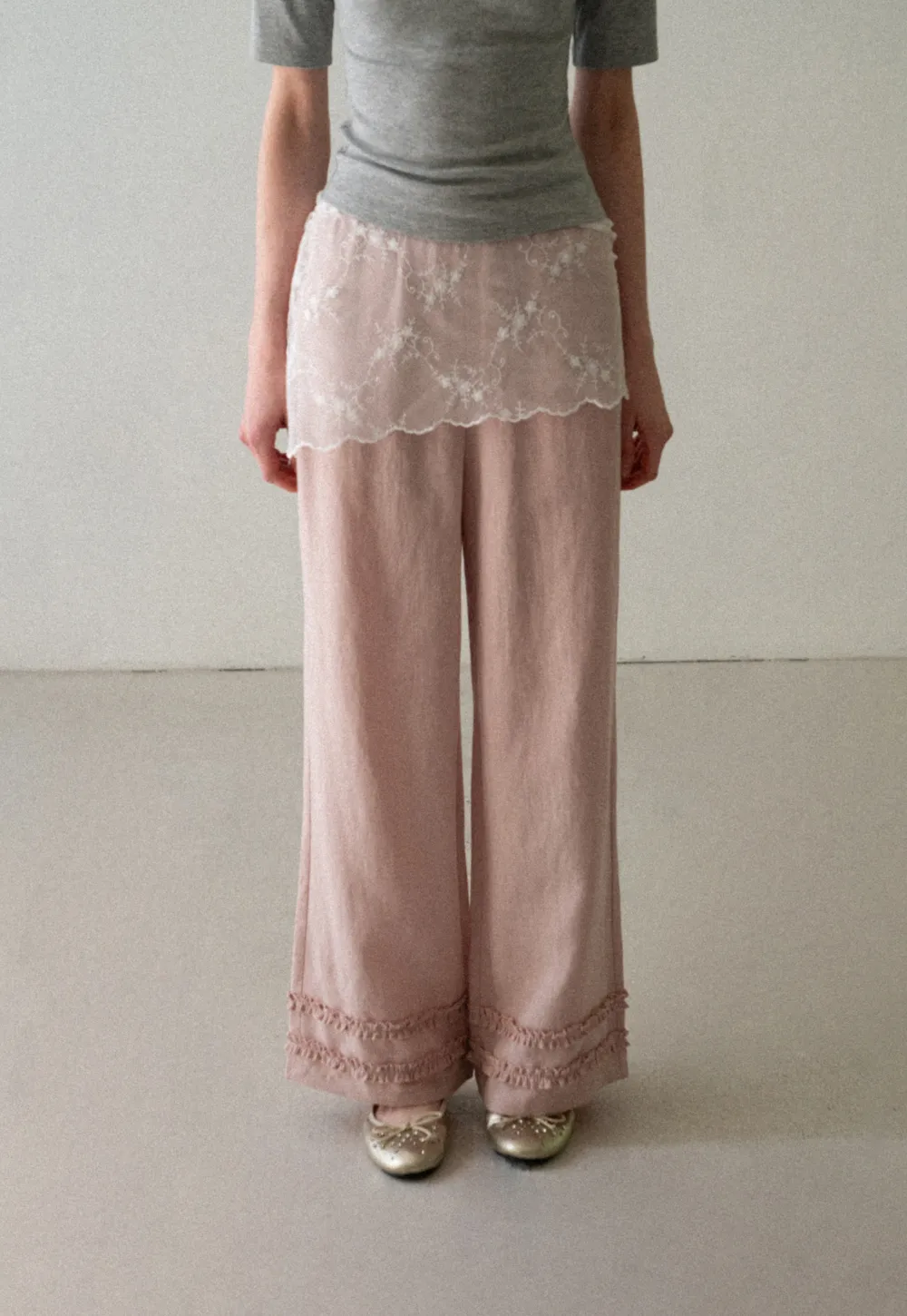Lace Trim Wide Leg Casual Pants
