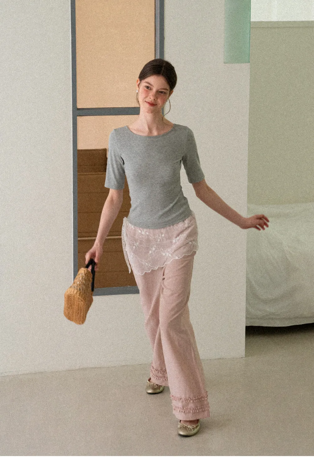 Lace Trim Wide Leg Casual Pants